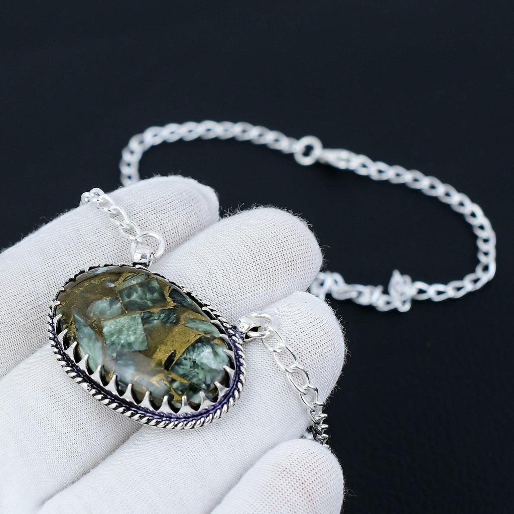 Copper Seraphinite Gemstone Jewelry Necklace, Copper Seraphinite 925 Sterling Silver Necklace For Wedding Gift, Necklace For Women For Gifts