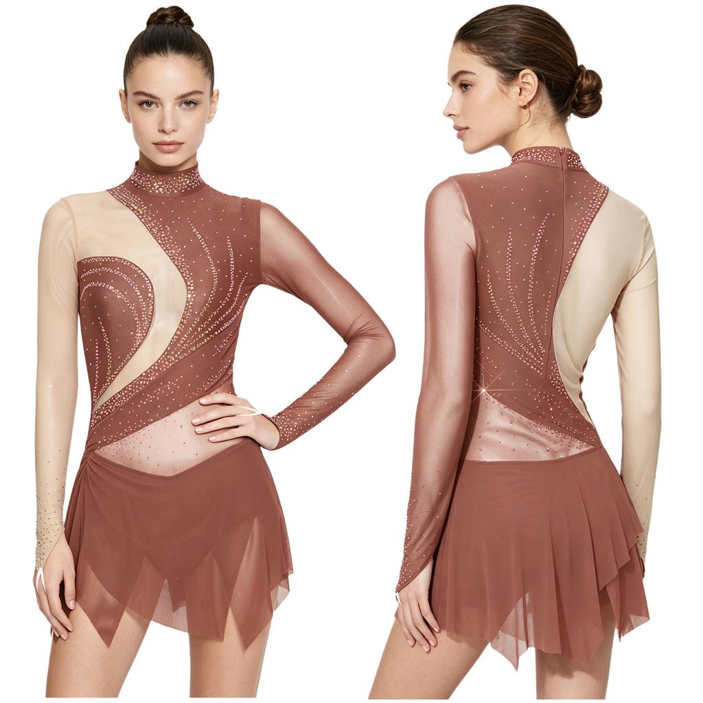 Women‘s Sparkly Rhinestone Leotard Dress Sheer Mesh Long Sleeve Mock Neck Color Blocking Asymmetrical Hem for Figure Skating Latin Performance