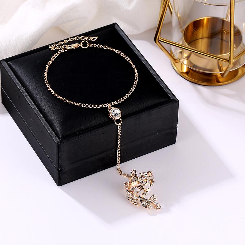 Fashionable European & American Knuckle Ring with Diamond-Studded Leaf Design and Attached Bracelet for Women