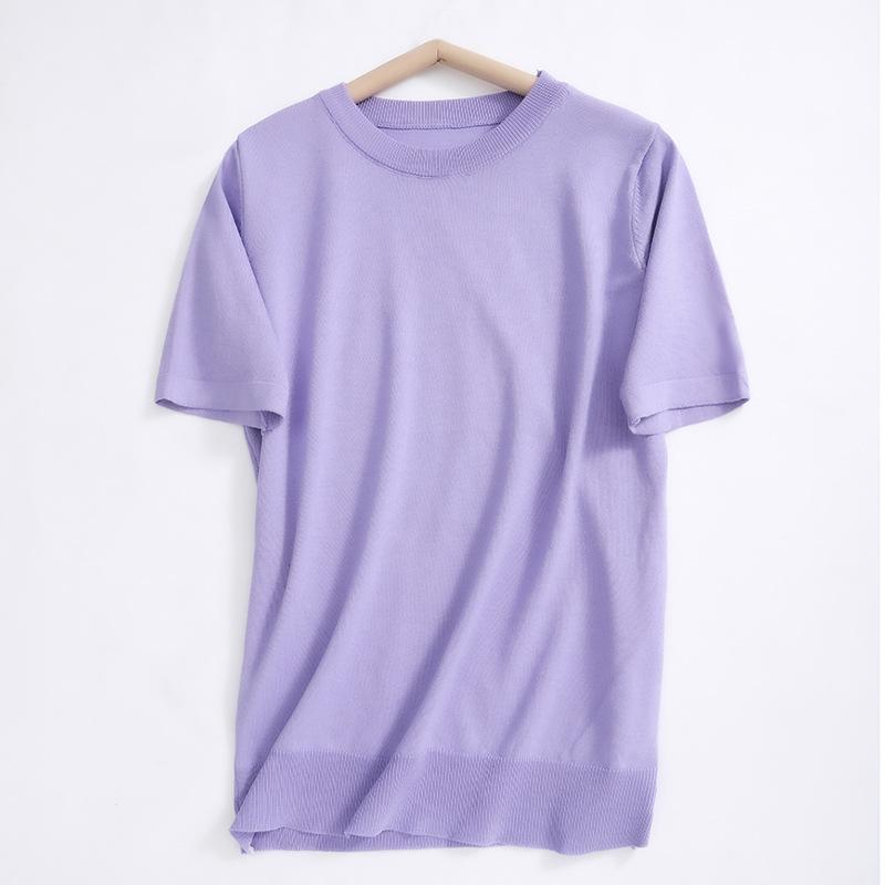 Свитер с круглым вырезом из ледяного шелка, женский, с коротким рукавом, летний, новый, простой, универсальный топ, модная и атмосферная футболка