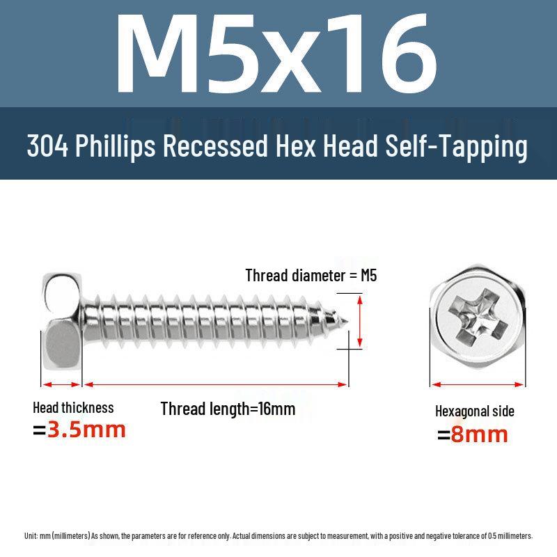 Yigu 304 Stainless Steel Phillips Recessed Hex and Slotted Self-Tapping Screws for Wood, M3-M8