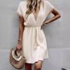 Summer Women Dress Solid Color Lace V Neck Half Sleeve Waist Dress