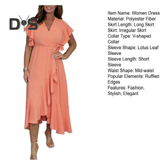 Женское летнее макси-платье с V-образным вырезом и коротким рукавом в виде листа лотоса, свободный сарафан, длинное пляжное платье с разрезом и поясом