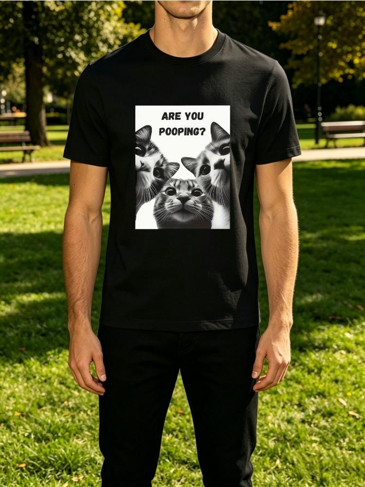 Are You Pooping Three Staring Cats Funny Meme Black White Print Unisexs Crew Neck Short Sleeve Tee Casual Daily Soft Basic Wear Top