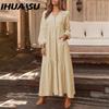 IHUASU Women's Cotton Maxi Dress Long Sleeve Ruffle Pocket