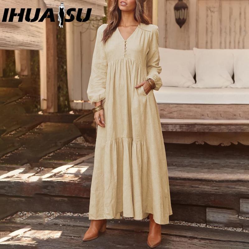 IHUASU Women's Cotton Maxi Dress Long Sleeve Ruffle Pocket