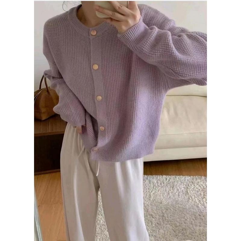 VEZFAA Women's Fashion Casual Fall Winter Solid Color Print Long Sleeve O-Neck Sweaters