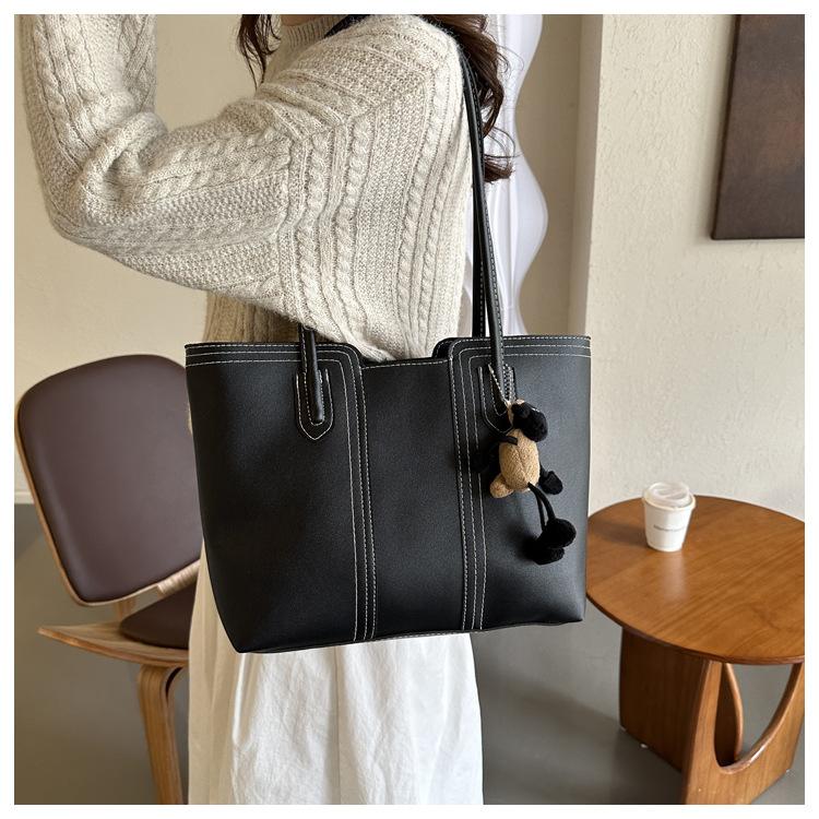Korean Style Minimalist Bucket Bag Women Faux Leather Tote Shoulder Handbag Large Capacity Commuter Purse