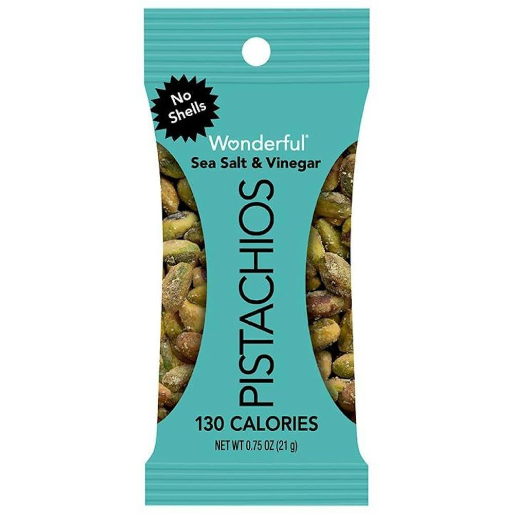Wonderful Pistachios Без скорлупы Морская соль и уксус 21 г, Полезный жареный ореховый снек карманного размера