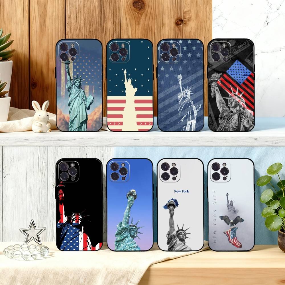 Чехол для телефона S-Статуя L-Свободы Флаг Америки США Для iPhone17,16,15,14,13,12,Plus,Pro Max, 5G Другие Мягкий Черный Чехол