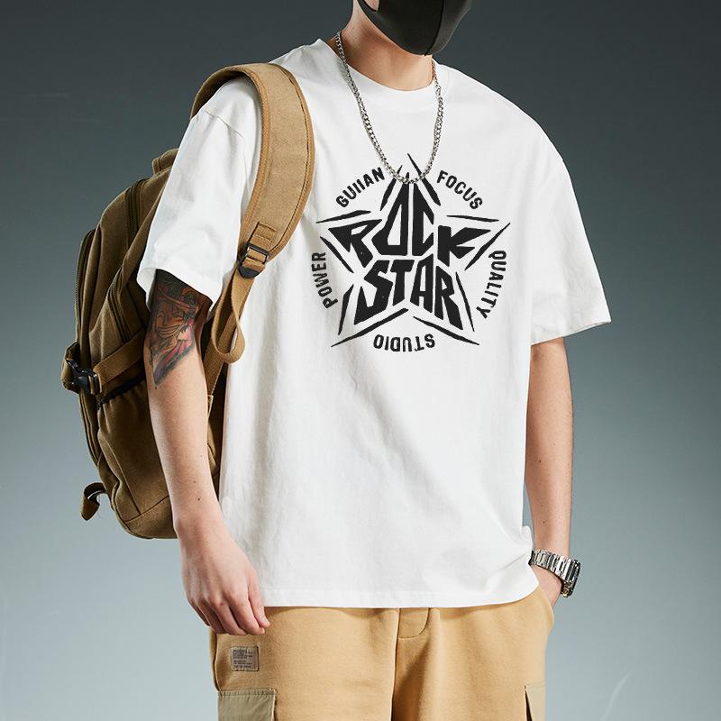 American Fashion Brand Oversize Pure Cotton Short Sleeved T-shirt for Men Summer Loose Casual Heavyweight Handsome Half Sleeved Trend