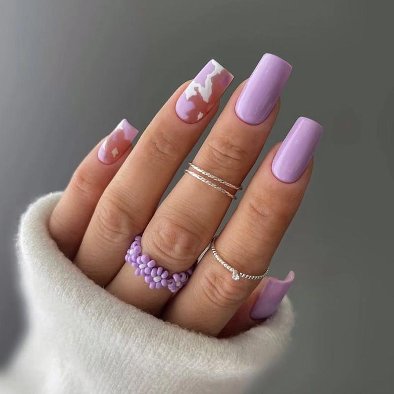 Ins Style Square Press On Nails Light Purple Mottled Cow Pure Desire Fashion Fake