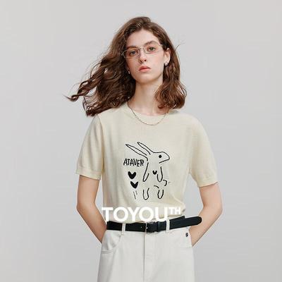 Женский вязаный топ с коротким рукавом и жаккардовым узором с кроликами от Chuyu
