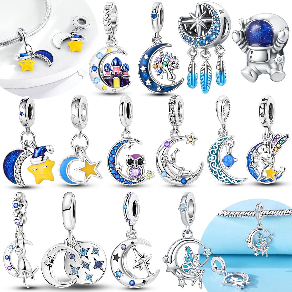 Authentic copper Charm Moon Yellow Stars Blue Zircon Feathers Bead Charms Compatible With Bracelets Women Diy Accessory Valentines Fine Gift