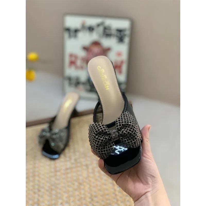 Модные женские туфли с сетчатым бантом на высоком каблуке, новые французские повседневные полые женские сандалии, дизайнерские повседневные женские тапочки