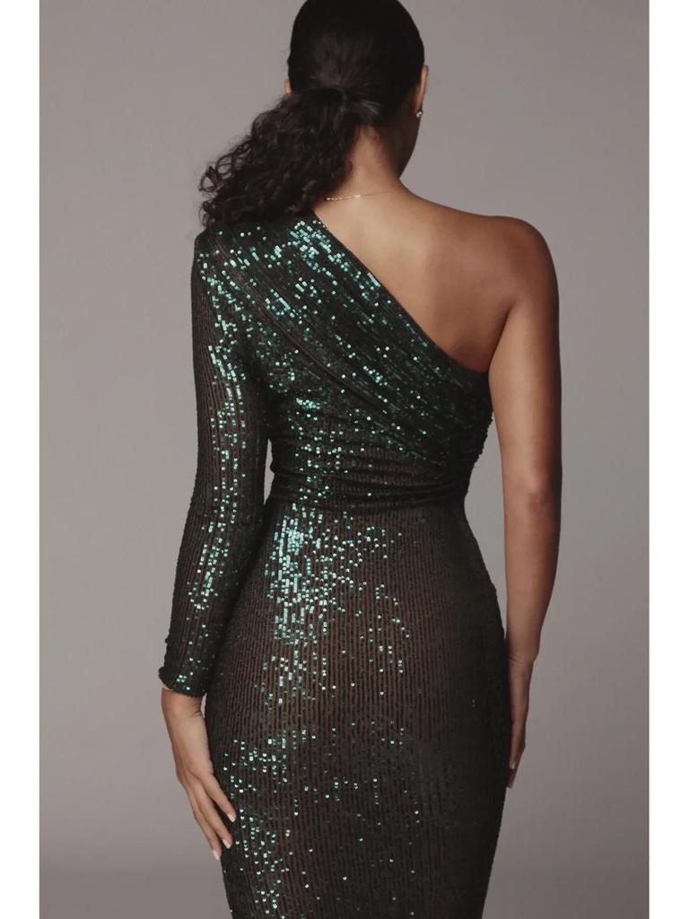 2025 European/American One-Shoulder Sequin Evening Dress with Oblique Collar