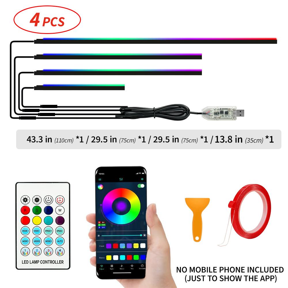 4pcs 43.3'' Car Dreamcolor Ambient Lighting 110CM Trim RGB Interior Neon Universal Symphony USB APP Streamer Music Hidden Lights