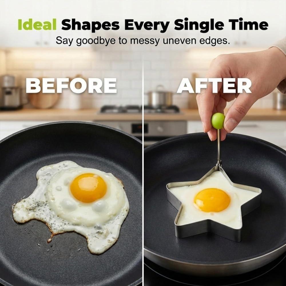 5-piece egg ring mold set, 2026 new stainless steel pancake mold, pancake ring set, heart-shaped, star-shaped, cloud-shaped, non-stick breakfast mold.