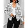 Women's Lightweight Plaid Long Sleeve Jacket - Stylish Open Front Outerwear for Spring & Fall, Black & White Houndstooth Pattern,