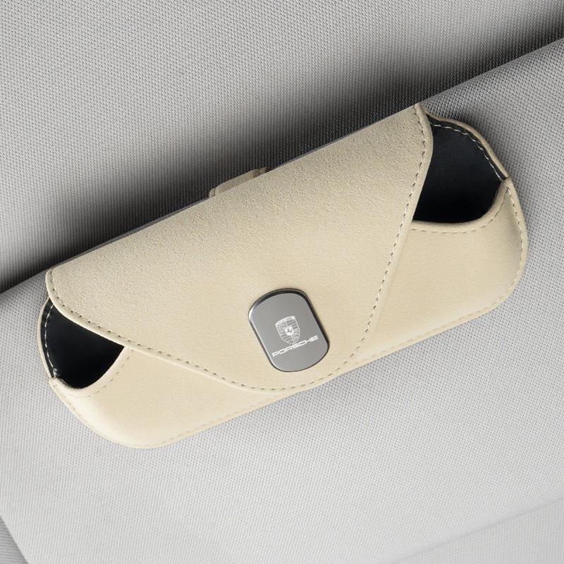 Leather Car Sun Visor Glasses Box Sunglasses Storage Clip For Porsche Cayenne Panamera Macan 911 718 Taycan Boxster Cayman 918 EX7