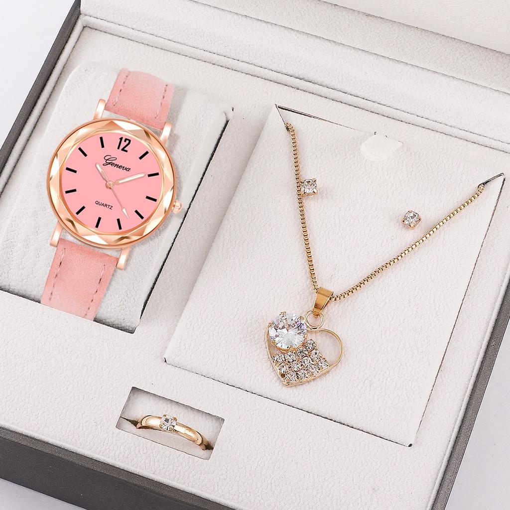 (Women's Watch + Necklace + Ring + Earrings) Women's Watch Set Luxury Leather Strap Quartz Watch