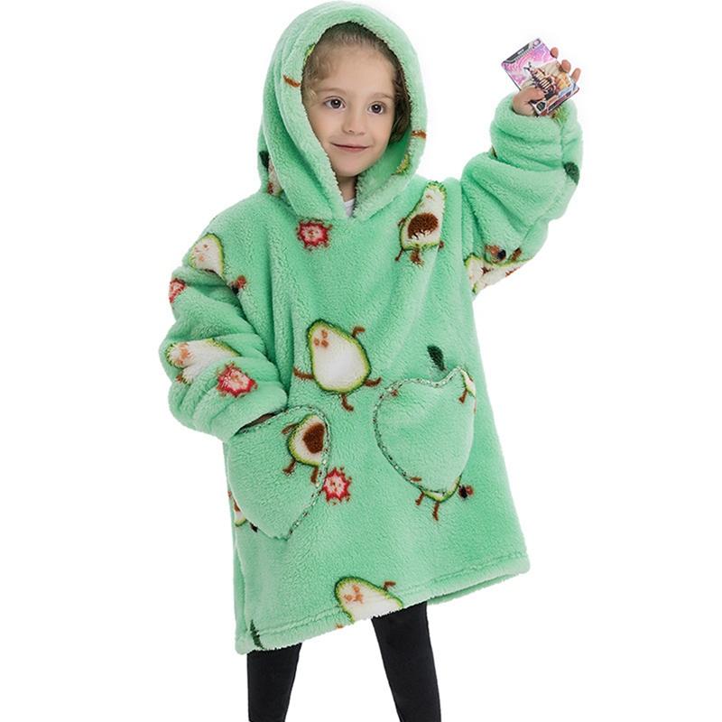 Kids Plush Hooded Pullover Loose Warm Coat Heart Shaped Pocket Cute Cartoon Printed