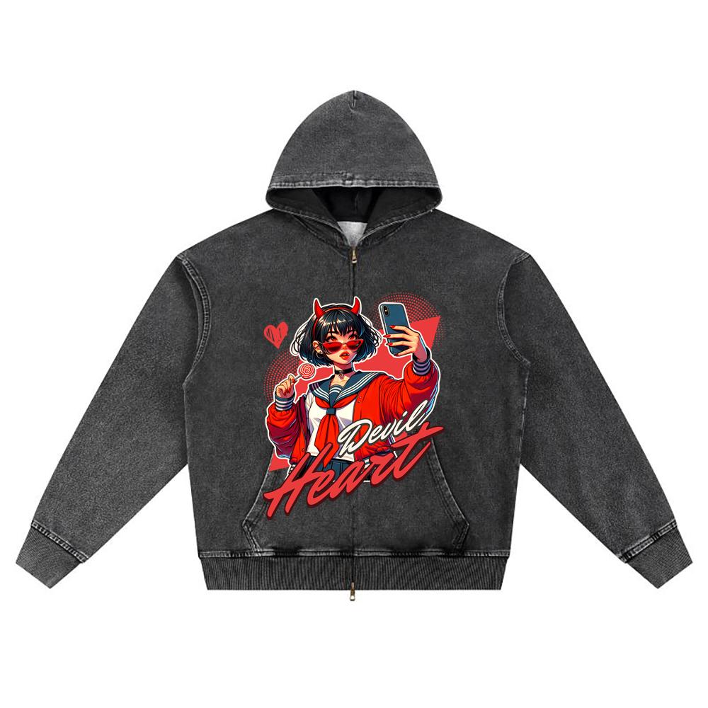 DTG Print Knitted Denim Zip-Up Hoodie Manga Graphic Brother Print Zipper Hoodies