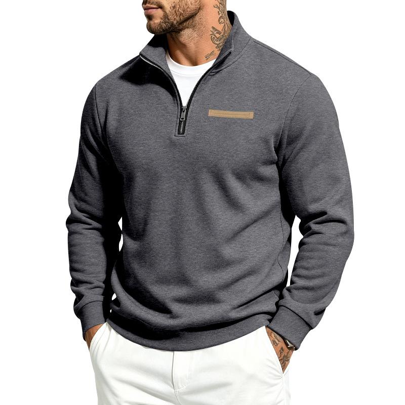 Men’s Half-Zip Long Stand-Up Collar Fleece-Lined Sweatshirt – Plain Coloured, Warm, Long-Sleeved Pull-Over Top