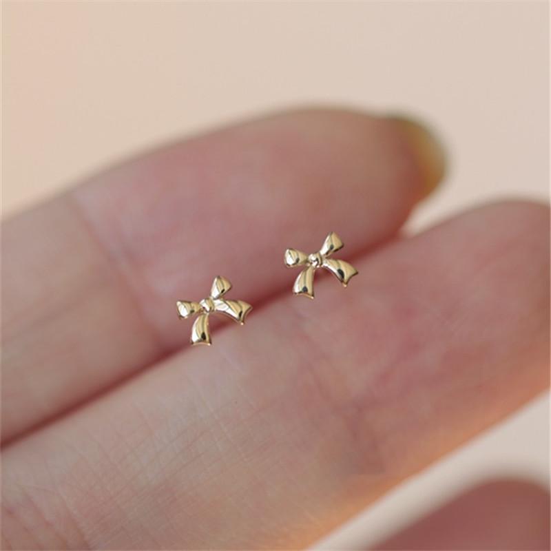 925 Silver Plated 14K Gold Mini Bow Earrings for Women Smooth Cute Small Jewelry Accessories