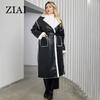 ziai 2024 Winter Faux Leather Jacket Women Long Warm Plush Fur Collar Padded Coat Fashion Pocket Cotton Female PU Parkas K18