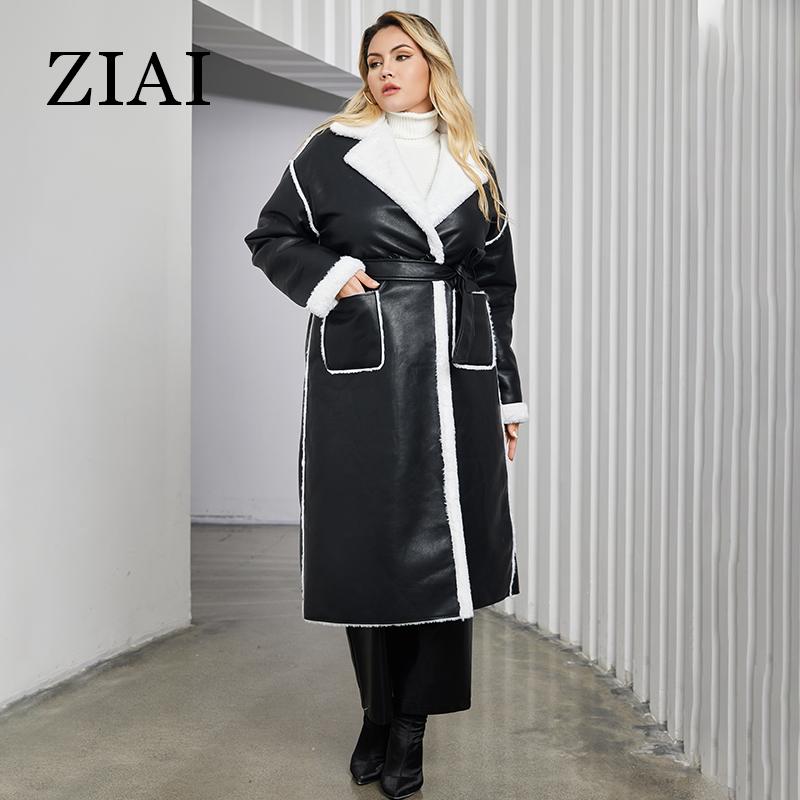 ziai 2024 Winter Faux Leather Jacket Women Long Warm Plush Fur Collar Padded Coat Fashion Pocket Cotton Female PU Parkas K18
