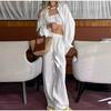 Fashion Loose White Cotton Women 2 Piece Set Outfit Elegant Long Sleeve Blouses With High Waist Wide Pants Spring Autumn Solid Color Female Set