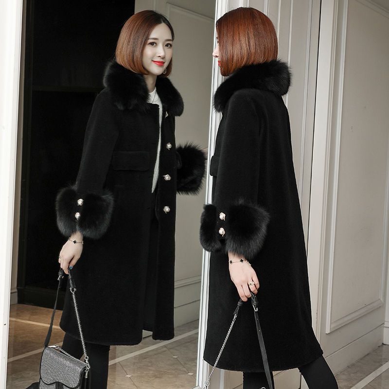 Пальто из овчины средней длины, меховое пальто из зернистой шерсти и меха для женщин, новое пальто с воротником из лисьего меха