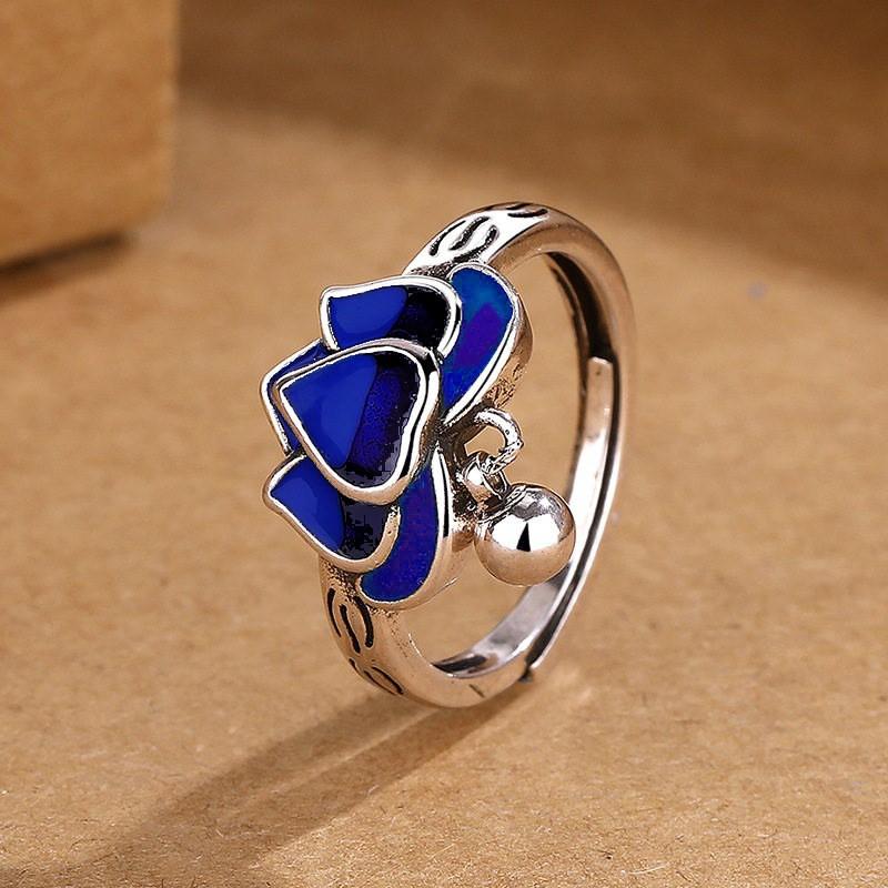 Adjustable Open Ring Women Men Vintage Floral Lotus Design Enamel Copper Jewelry Boho Chic Statement Accessory