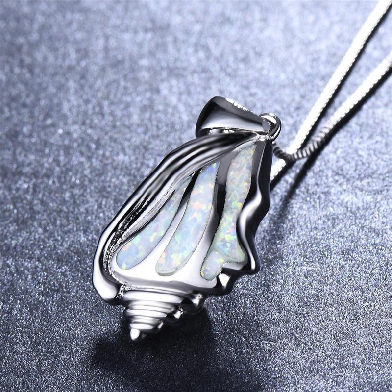 Unique Ocean Conch White Blue Fire Opal Stone Pendant Necklaces For Women 925 Sterling Silver Animal Jewelry Chain Necklace Gift