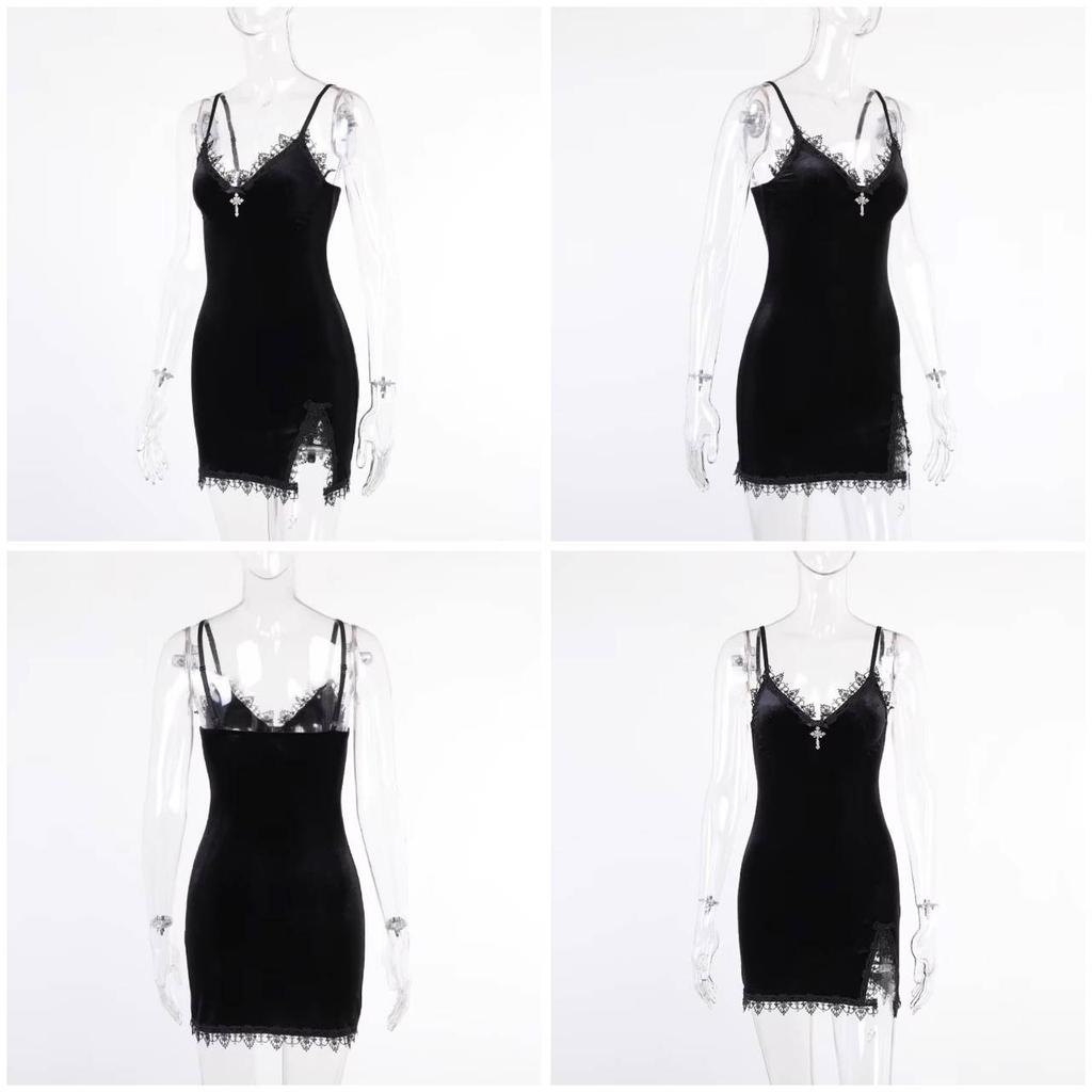 Готическое Готическое Темное Платье Мини Черное Винтажное Сексуальное На Бретелях Спагетти С Завышенной Талией С Разрезом Вечеринка Клуб Женское Платье