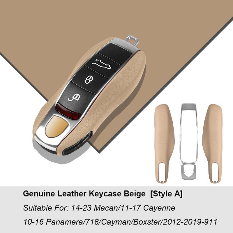 Luxury Genuine Leather For Porsche Boxster Cayman Panamera Cayenne Macan 718/911 Taycan Car Key Case Cover Protective Keychain