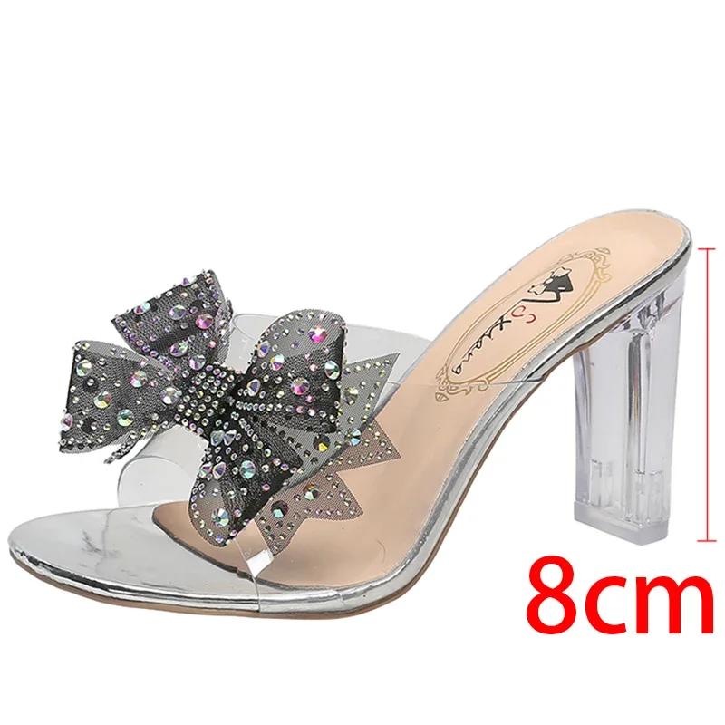 Модные туфли на высоком каблуке Rimocy, хрустальные шлепанцы с бантом, женские, лето 2025, с открытым носком, прозрачные ПВХ сандалии, женские, прозрачные на каблуке, праздничные шлепанцы