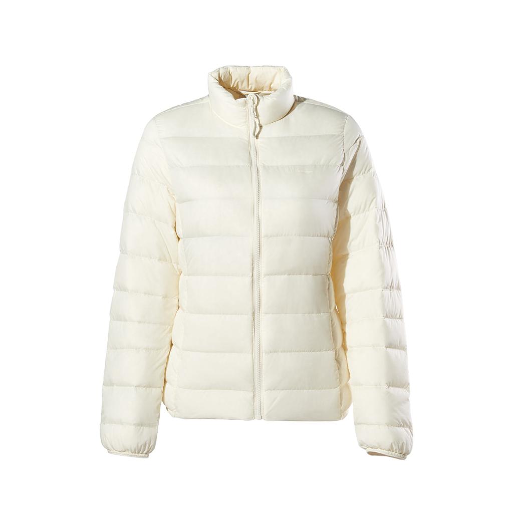 LiNing Fitness Series Solid Color Loose Stand Collar Zipper Down Jacket Women Outerwear Champagne-White AYMU112-1