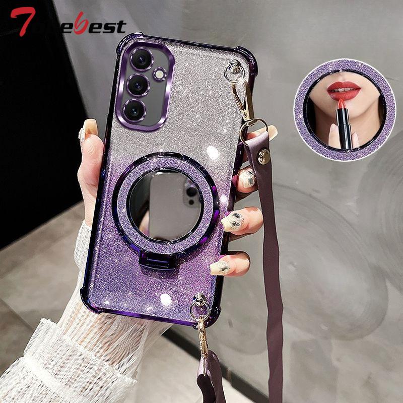 For Samsung Galaxy A16 A26 A36 A56 A06 A15 A25 A35 A55 A14 A24 A34 A54 4G 5G Case Crossbody Lanyard Plating Mirror Holder Cover