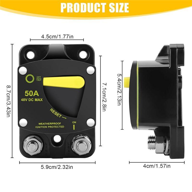 BAAU 50Amp Circuit Breaker W/Manual Reset Switch DC 12-48V High Amperage,W/Wire Lugs Copper Washer For Car Audio RV Marine Durab
