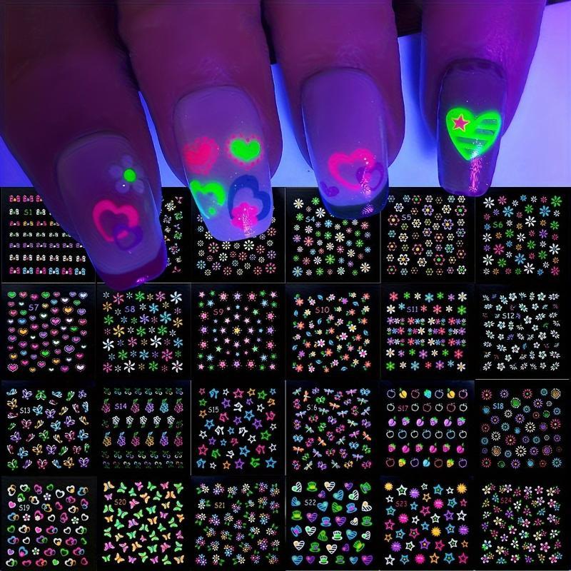 30 Sheets/Set 3D Glow In The Dark Neon Nail Stickers Glittery Glossy Self-Adhesive Nail Decorations With Butterfly Love Heart