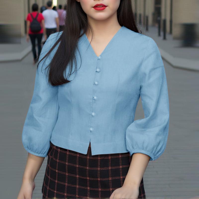 ZANZEA Женская повседневная блузка свободного кроя с V-образным вырезом и рукавом 3/4