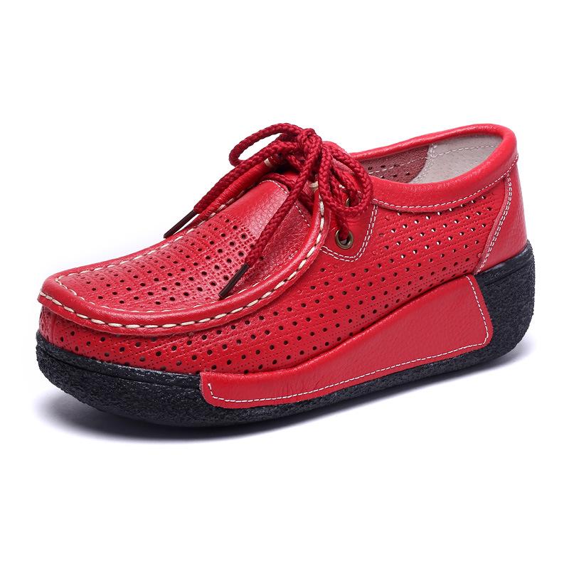 Genuine Leather Women Walking Shoes 5cm High Wedges Heels Shoes Lace-up Platform Shoes Loafers Mother Shoes