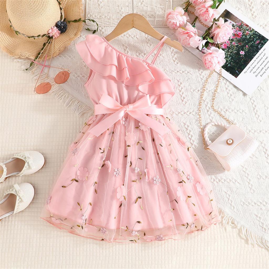 Summer Children Leaf Inclined Shoulder Strap Craft Skirt Girls Fashion Casual Dress