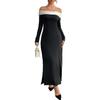 Women's Off Shoulder Slit Party Dress Elegant Classy Ruched Long Sleeve Sexy Maxi Bodycon Cocktail Dress