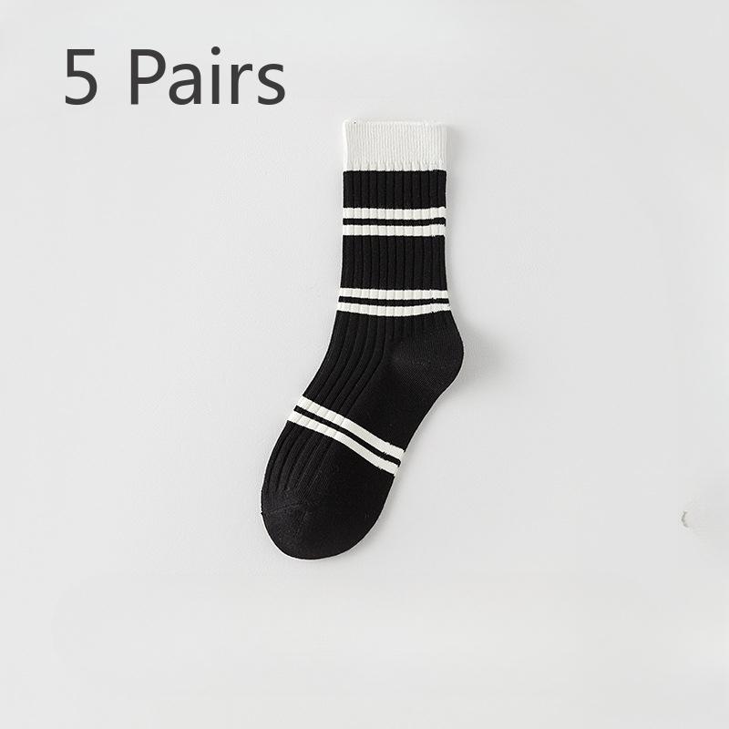 5 Pairs of Female Spring and Autumn Black and White Striped Cotton Anti Beriberi Deodorant Tube Socks