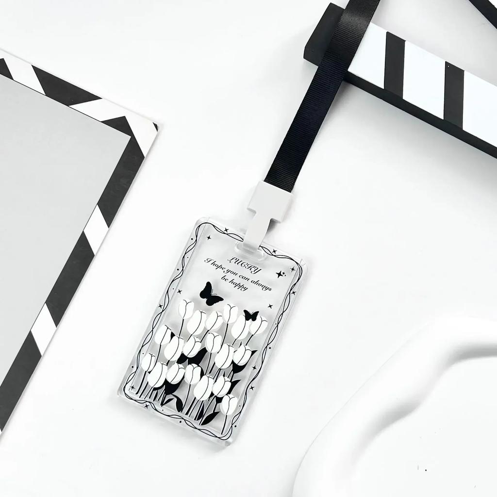 Чехол для карт с черным цветком, прозрачный держатель для студенческой карты, чехол для карты контроля доступа, чехол для карты на пружине, держатель для удостоверения личности