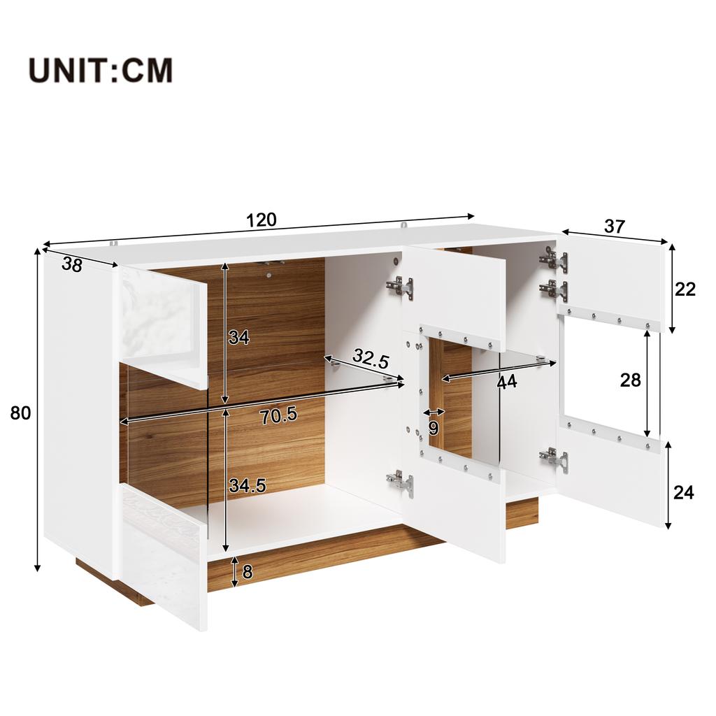 Modern Sideboard with 3 Acrylic Doors, 2 Compartments and Dimmable LED Lighting, White-Natural, 120×38×80cm