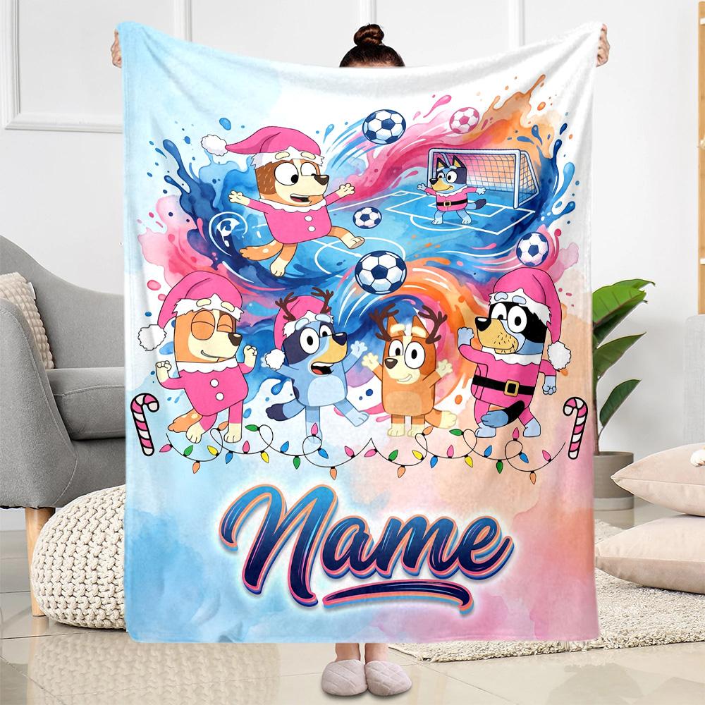 Soccer Fun Bluey Customize Your Name Blanket Multi-purpose Personalized Blanket Ultra-Soft Suitable for Home Decor Office Chair Picnics Office